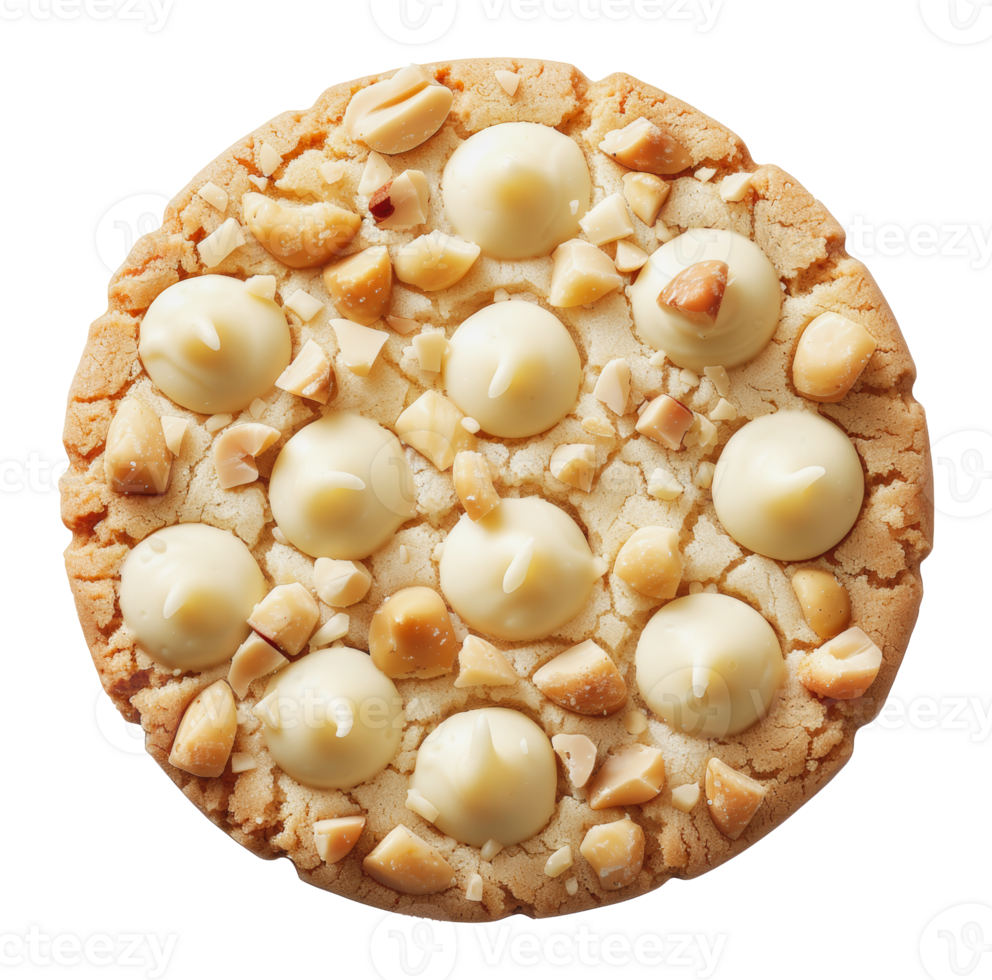 Close-up of a single white chocolate macadamia nut cookie, cut out - stock png. png