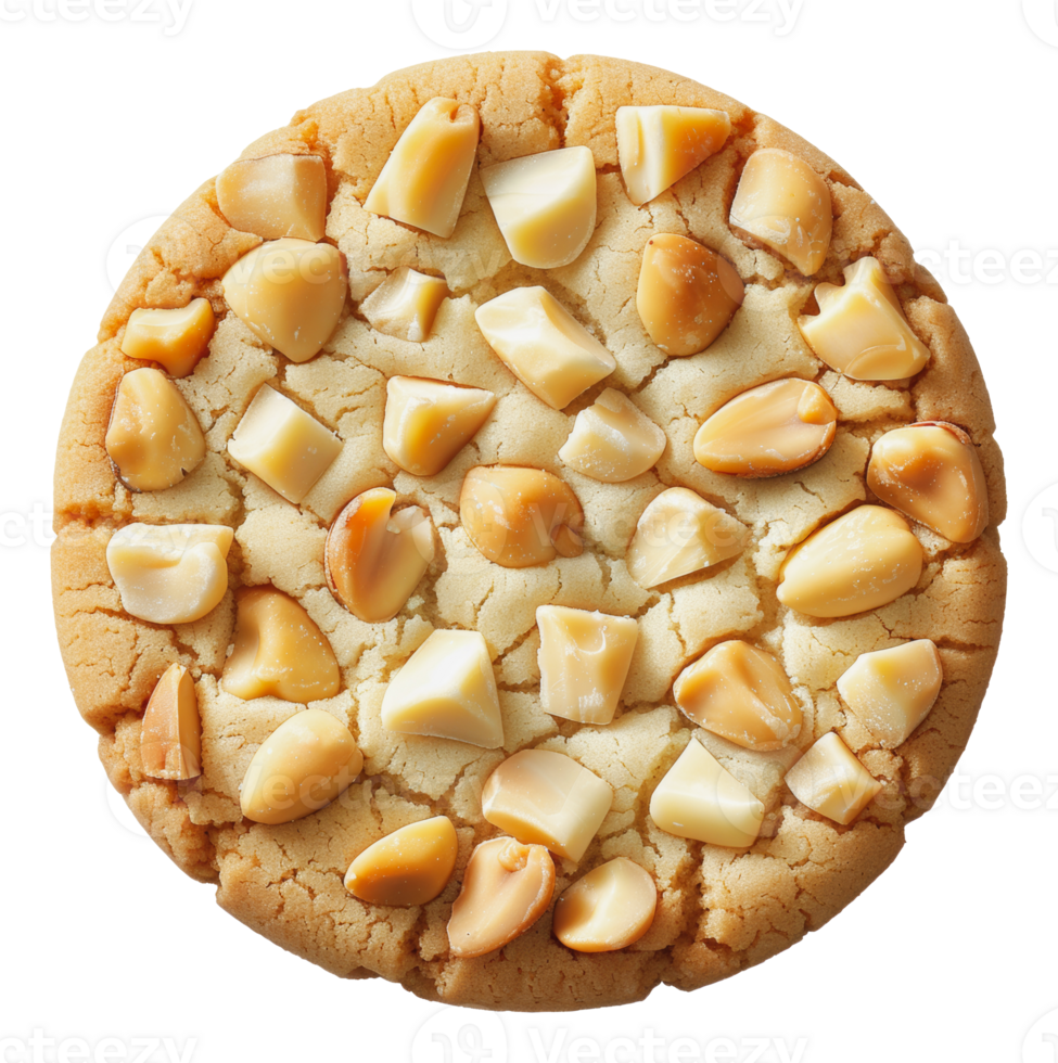 Close-up of a single white chocolate macadamia nut cookie, cut out - stock png. png