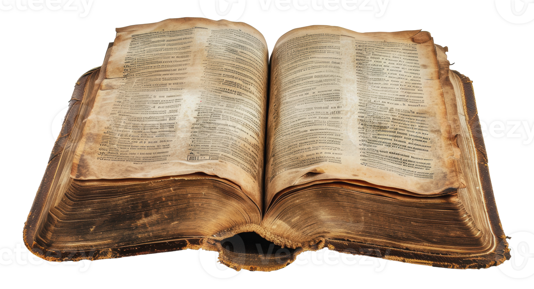 An open antique book with worn pages and a leather binding, cut out - stock png. png