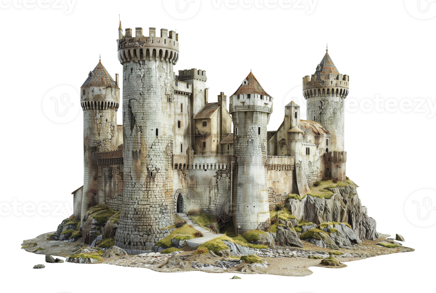 Realistic 3d model of a medieval castle on a cliffside, cut out - stock png. png