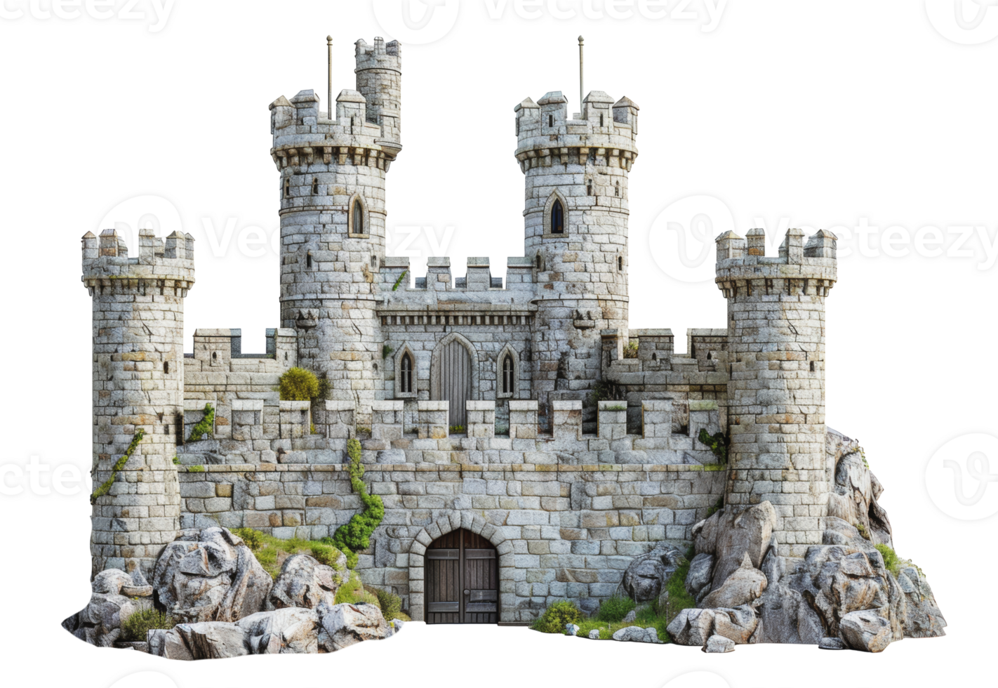 Majestic stone castle with multiple towers on a rocky outcrop, cut out - stock png. png