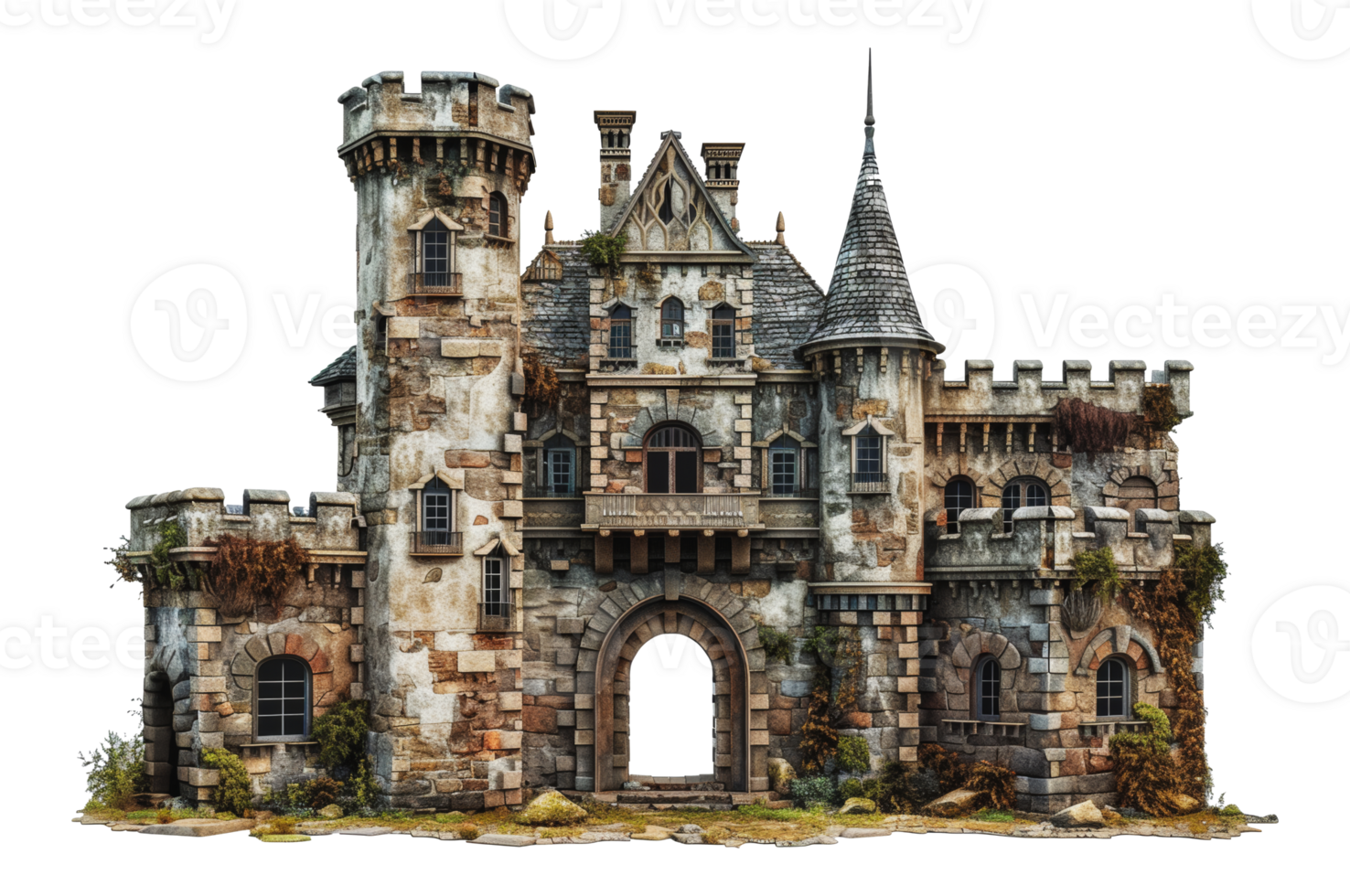 A weathered stone castle with a large open archway, cut out - stock png. png