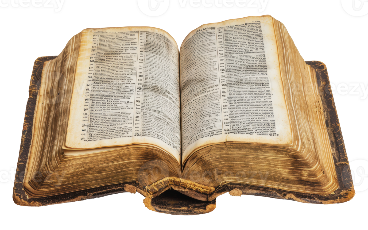 Open antique book with aged pages and leather binding, cut out - stock png. png