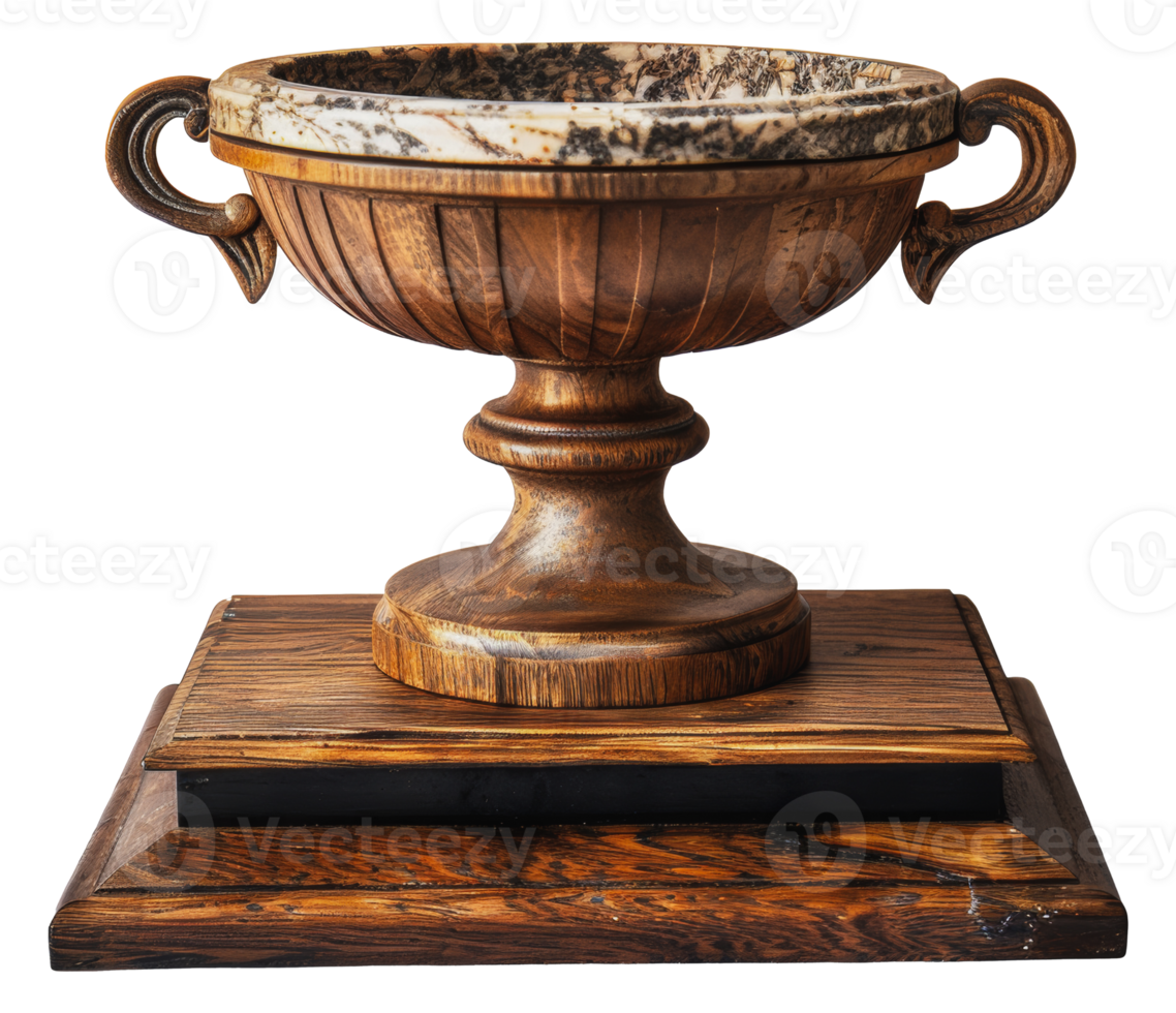 Wooden trophy base with ornate urn and marble inlay, cut out - stock png. png