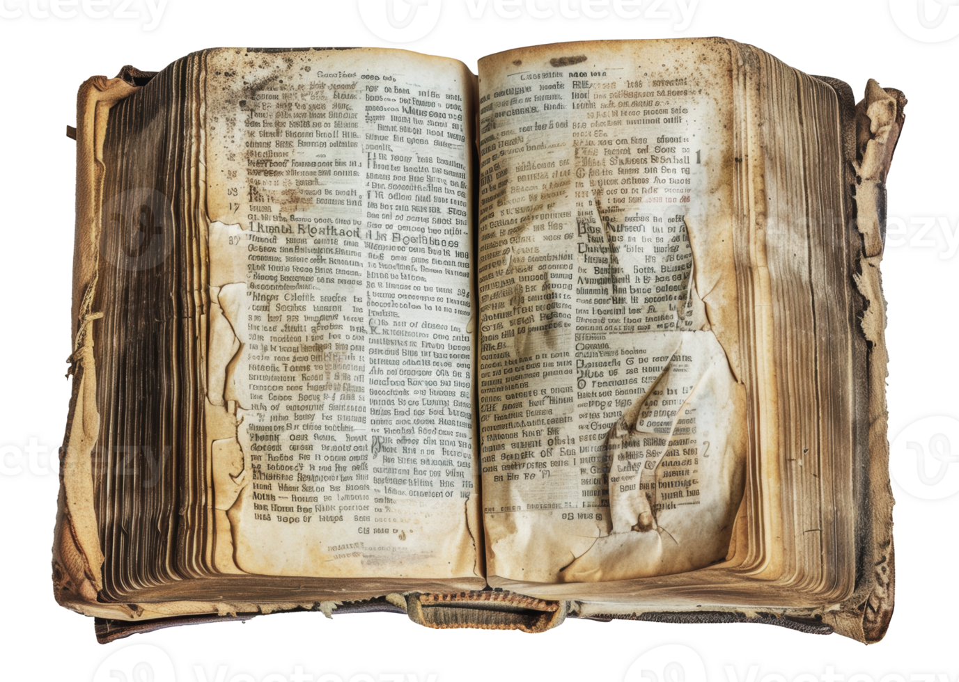 Old, worn leather-bound book open to page with german text, cut out - stock png. png