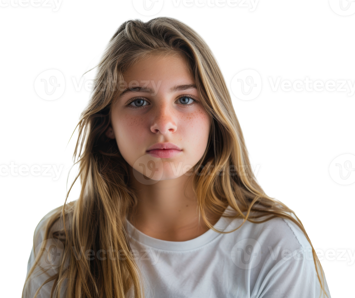Portrait of a young woman with blonde hair and blue eyes, cut out - stock png. png