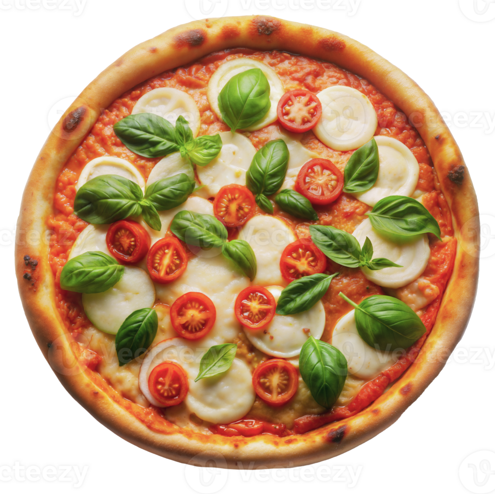 Freshly baked margherita pizza with mozzarella, tomatoes, and basil, cut out - stock png. png