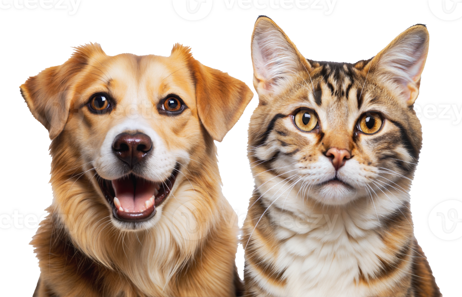 Close up portrait of a smiling dog and a curious cat, cut out - stock png. png