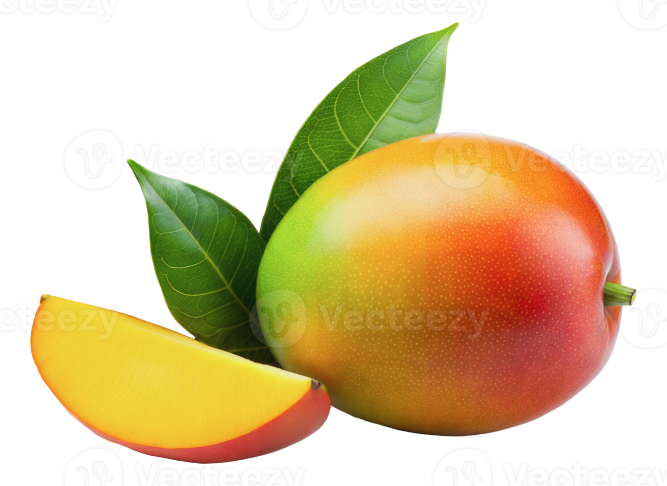 A ripe mango with a slice and green leaves, cut out - stock png. png