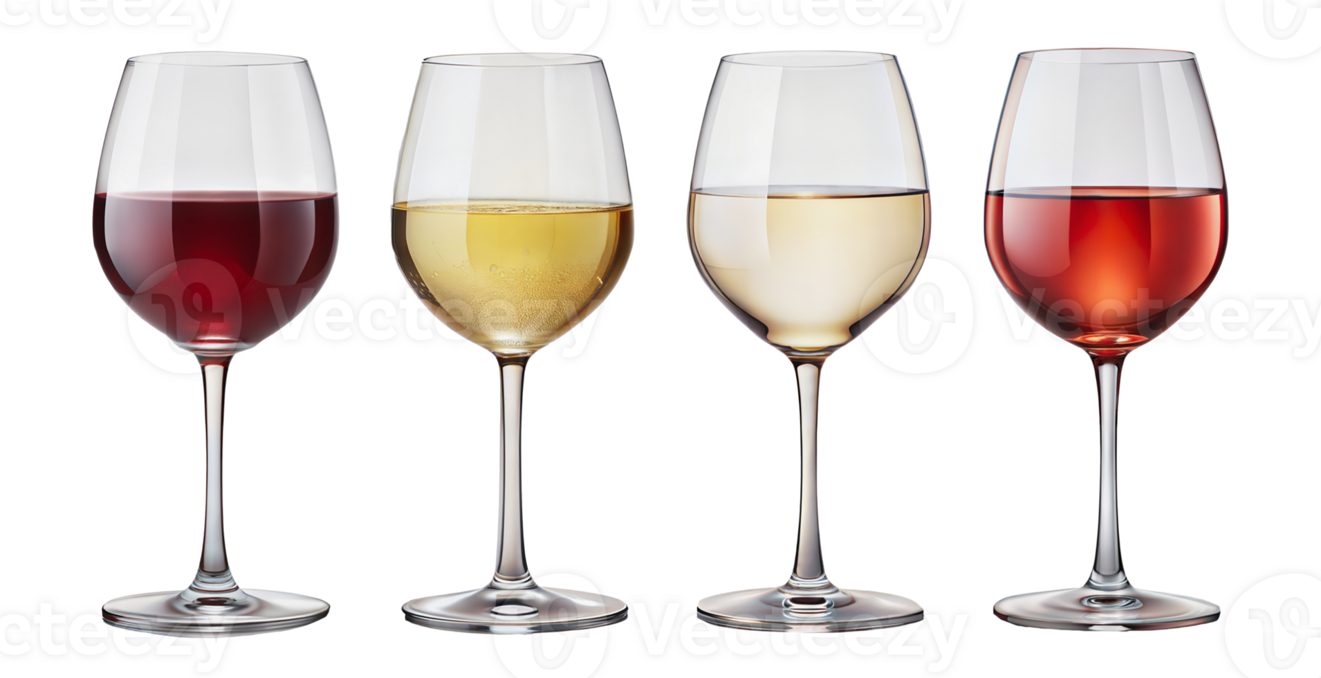 Four wine glasses with red and white wine, cut out - stock png. png