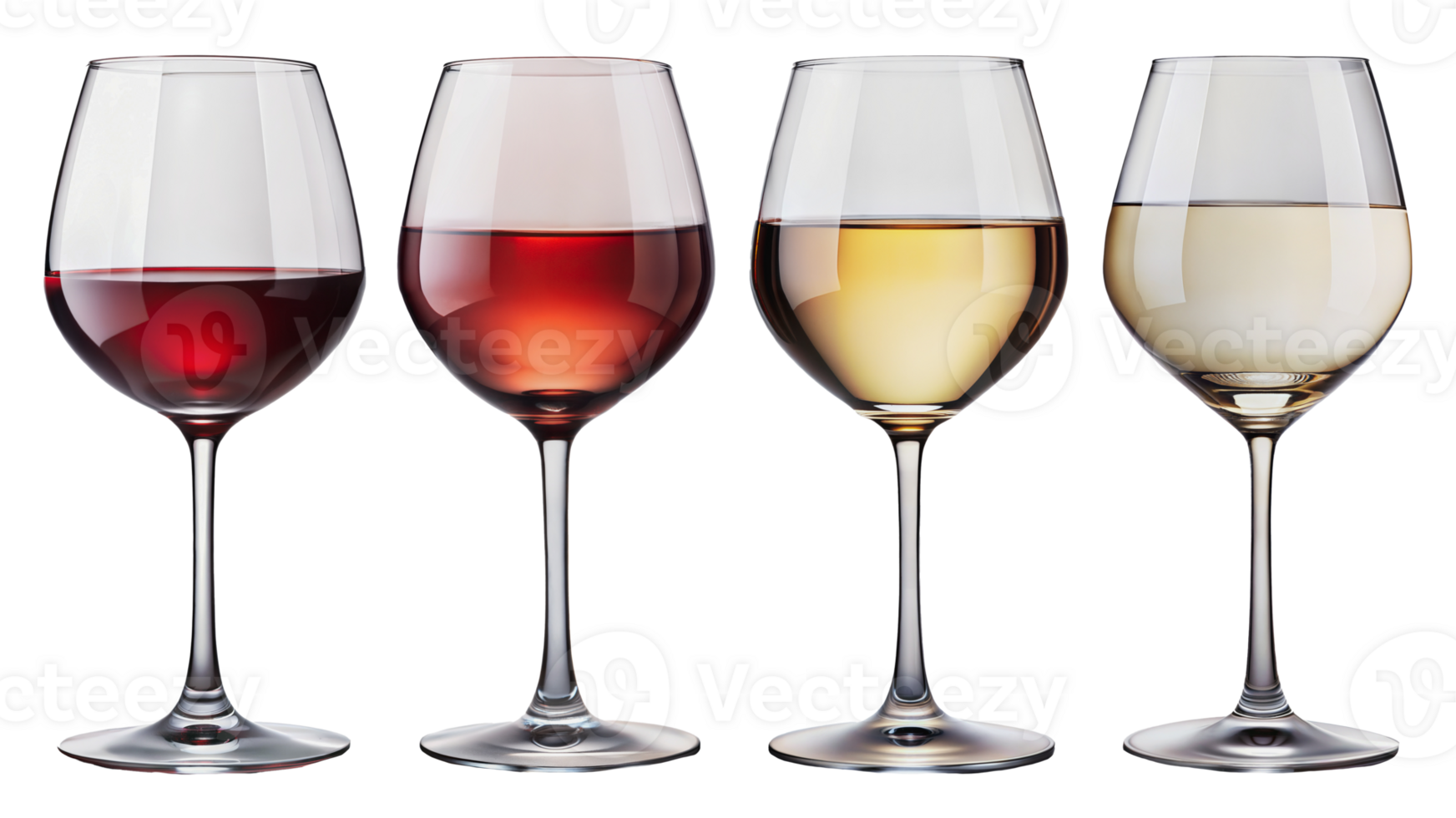 Four wine glasses filled with red, rose, and white wine, cut out - stock png. png