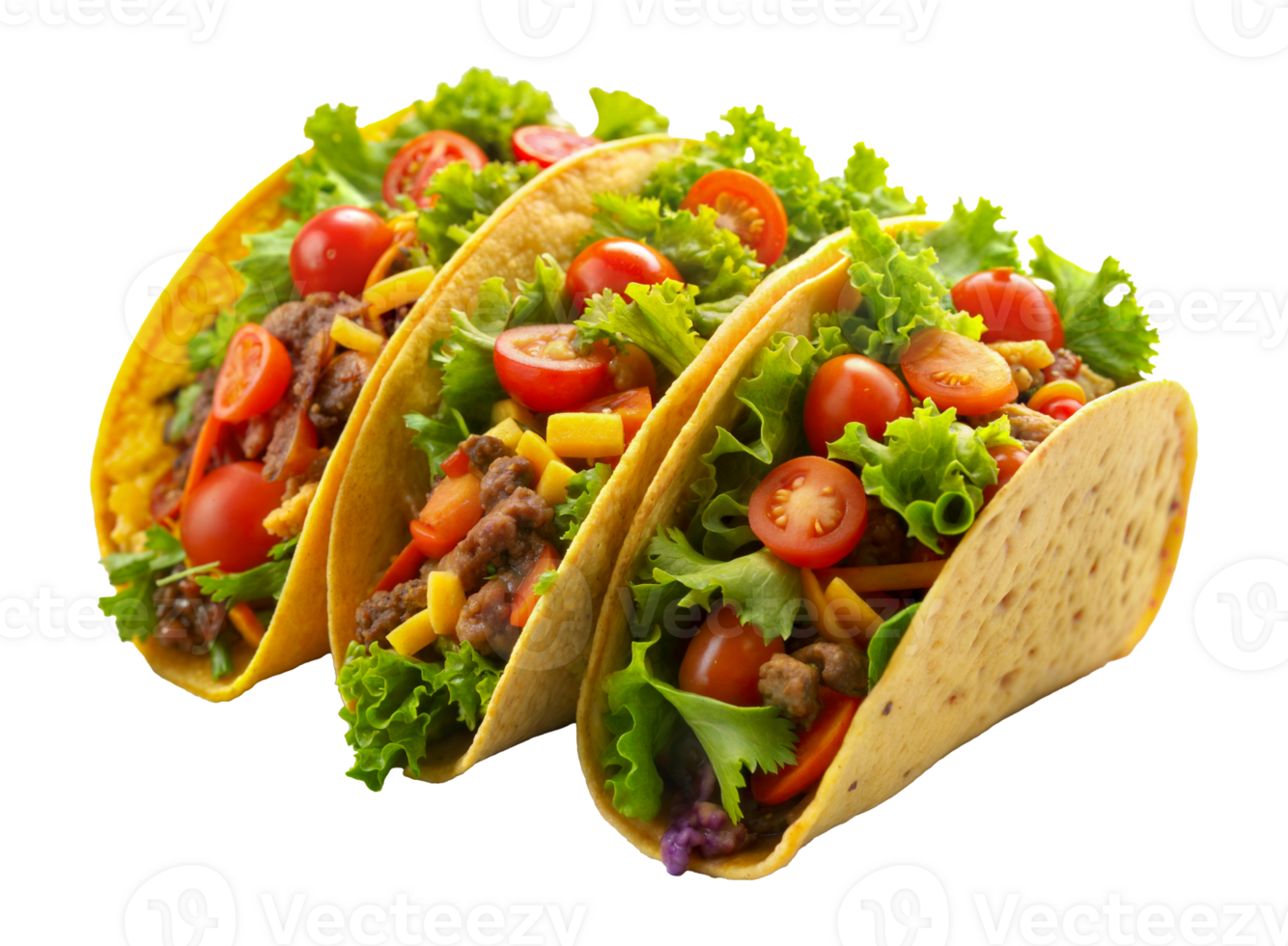 Three crunchy tacos with ground beef, lettuce, tomatoes, and cheese, cut out - stock png. png