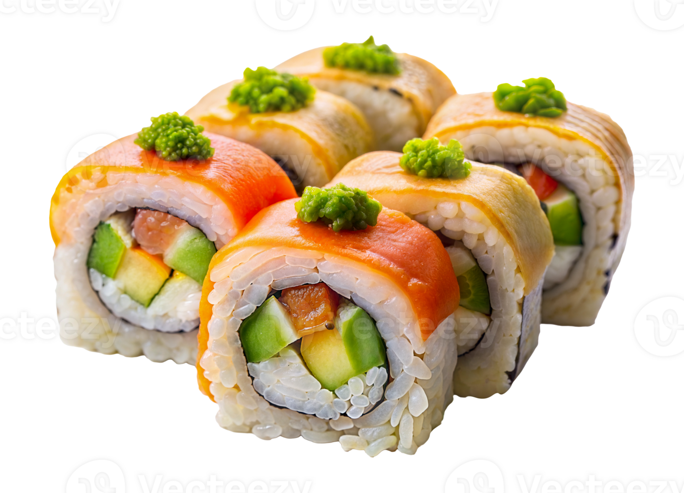 Close up of colorful sushi rolls with avocado, cucumber, and fish, cut out - stock png. png