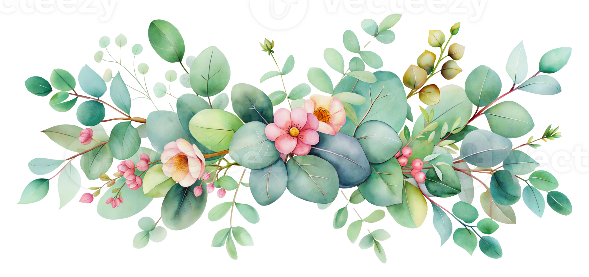 Watercolor banner with green eucalyptus leaves and pink flowers, cut out - stock png. png