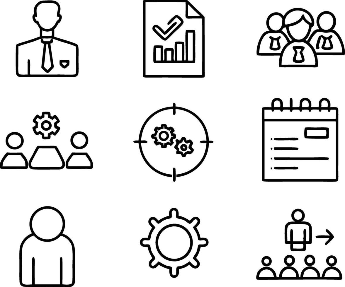 set of management icon illustration. enterprise, analysis, businessman, web, strategy, workplace, safety, communication, solution, worker vector