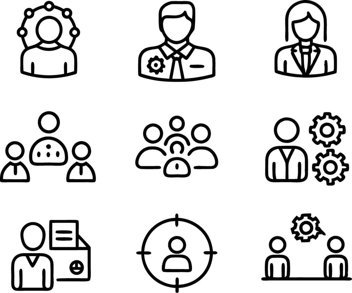 set of management icon illustration. enterprise, analysis, businessman, web, strategy, workplace, safety, communication, solution, worker vector