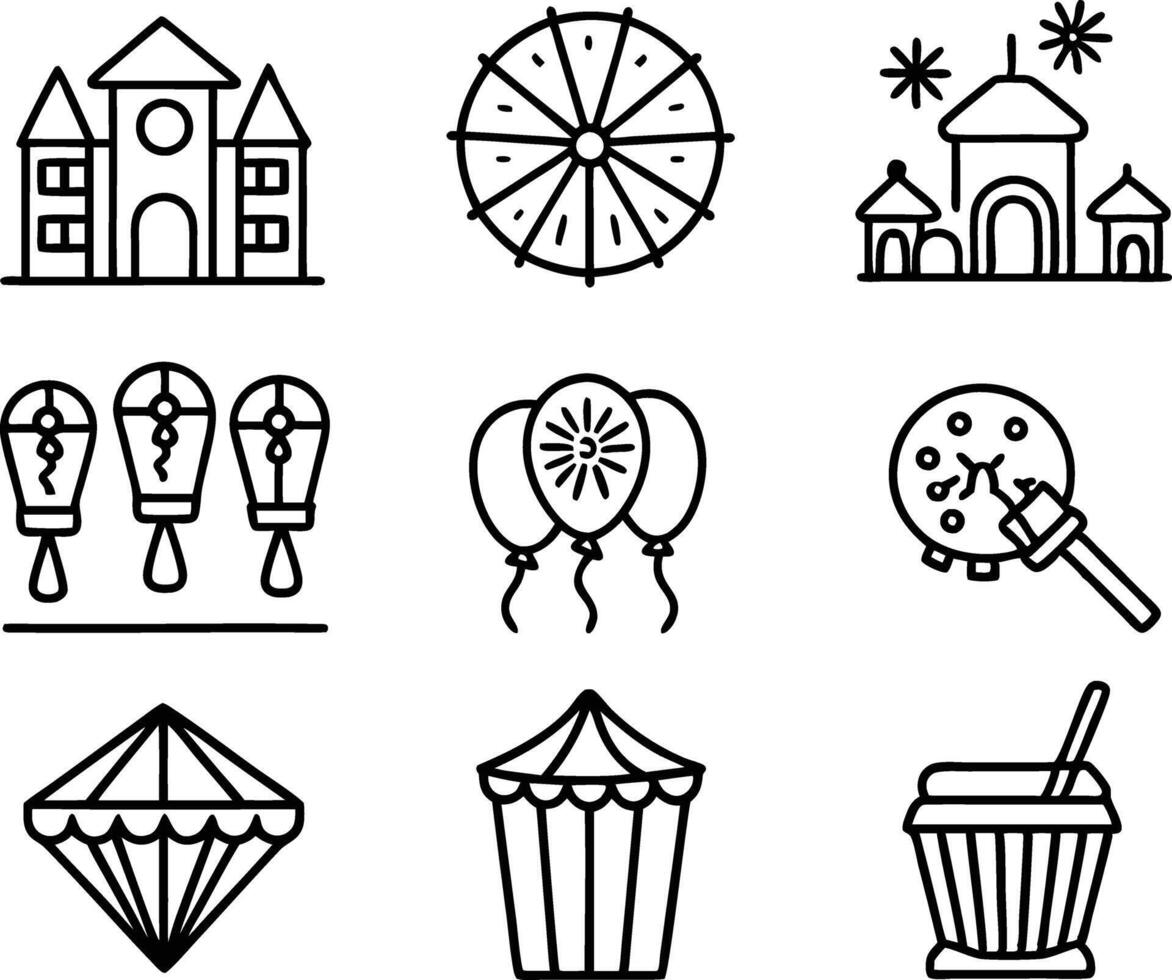 set of amusement icon illustration. park, fun, amusement park, attraction, summer, festival,tourism vector