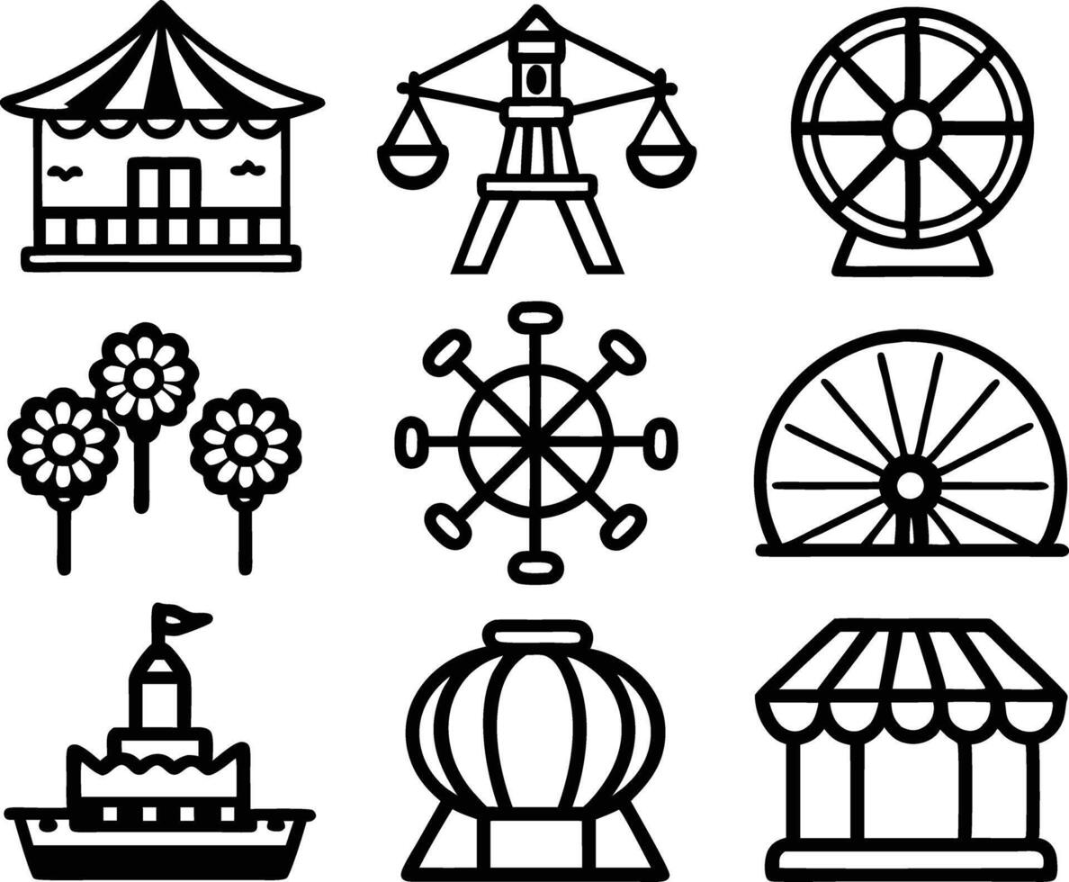 set of amusement icon illustration. park, fun, amusement park, attraction, summer, festival,tourism vector