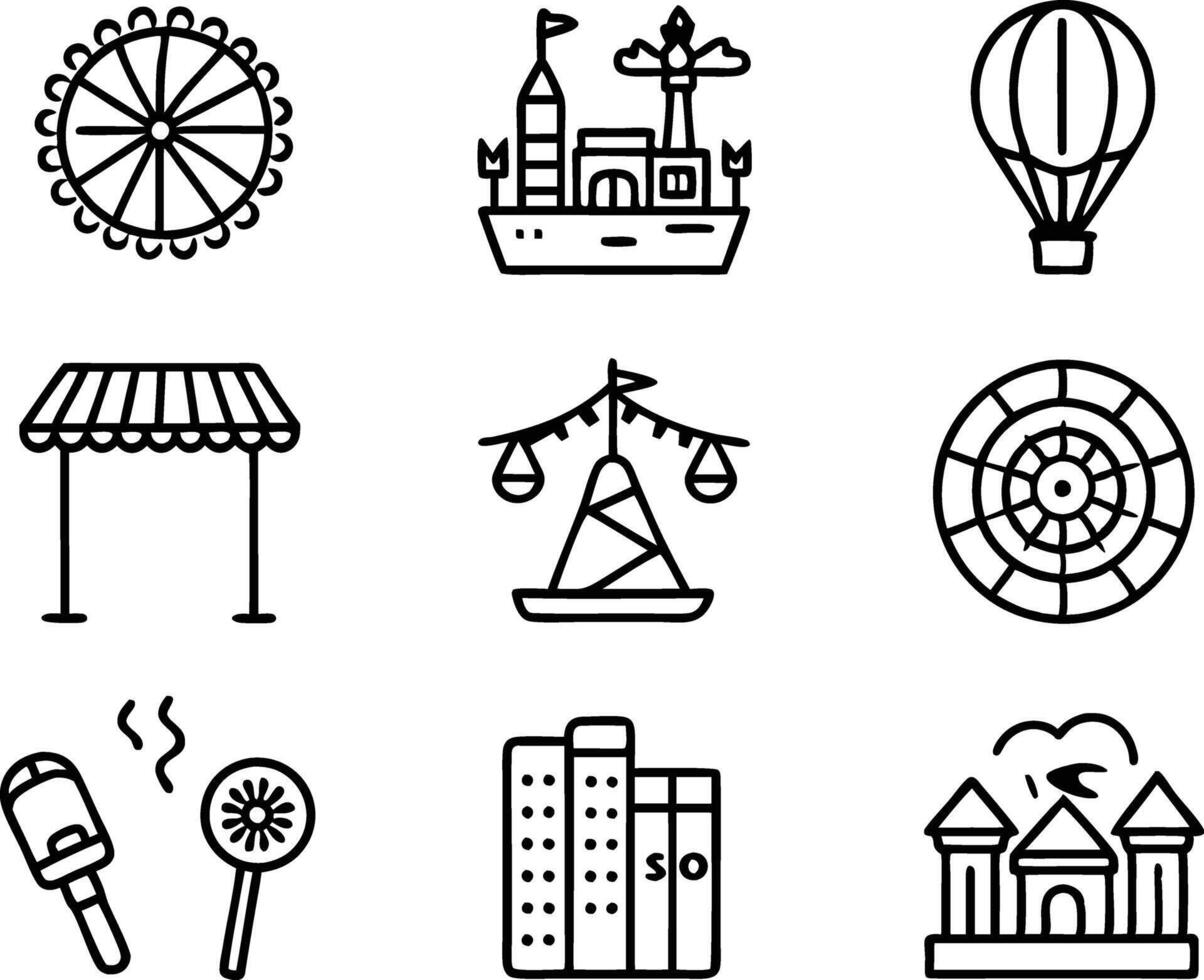 set of amusement icon illustration. park, fun, amusement park, attraction, summer, festival,tourism vector