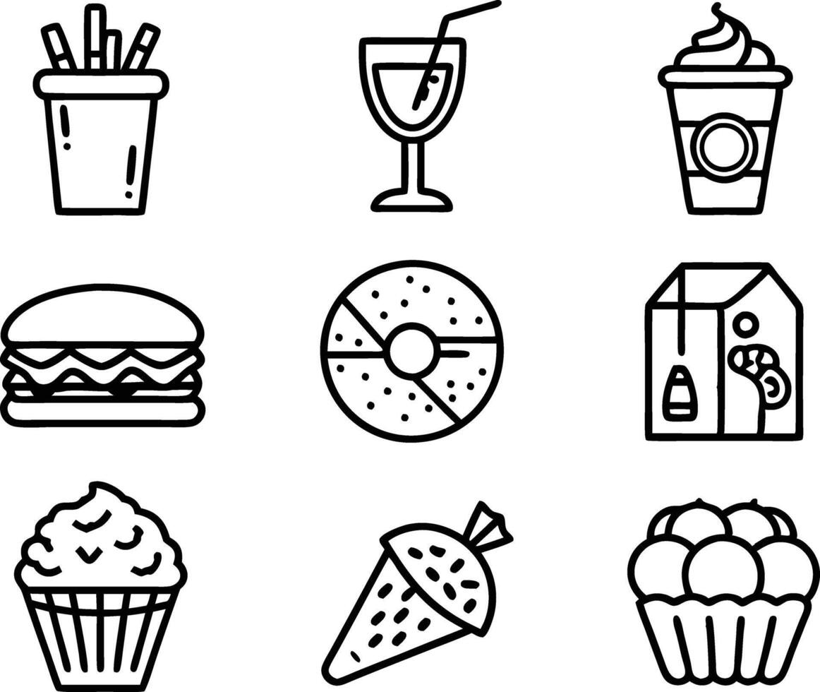 set off food and drink icon line art illustration.food, drink, beverage, restaurant, wine, meal, lunch, breakfas vector