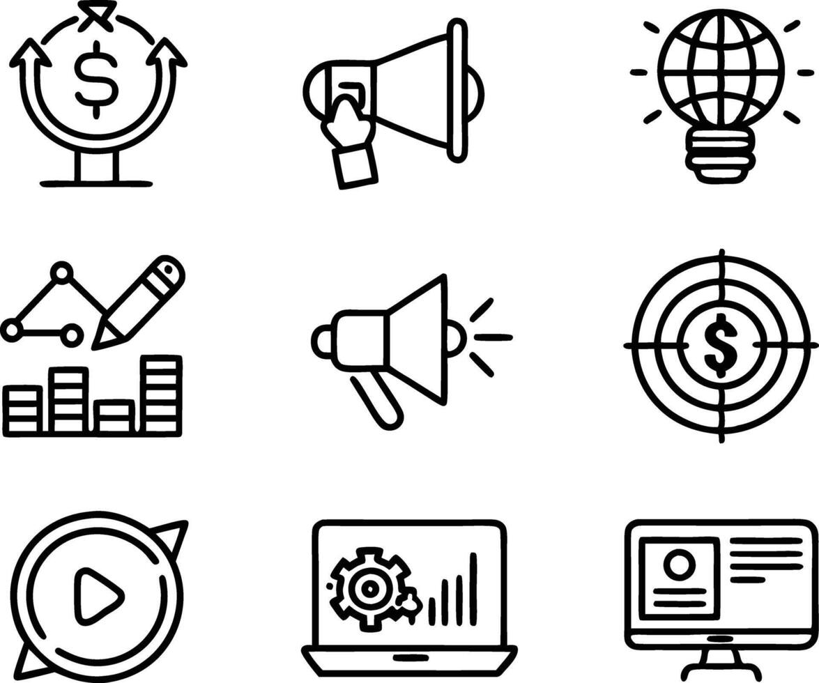set of marketing icon illustration. business, marketing, digital, analysis, technology, strategy, growth, online, media, market vector