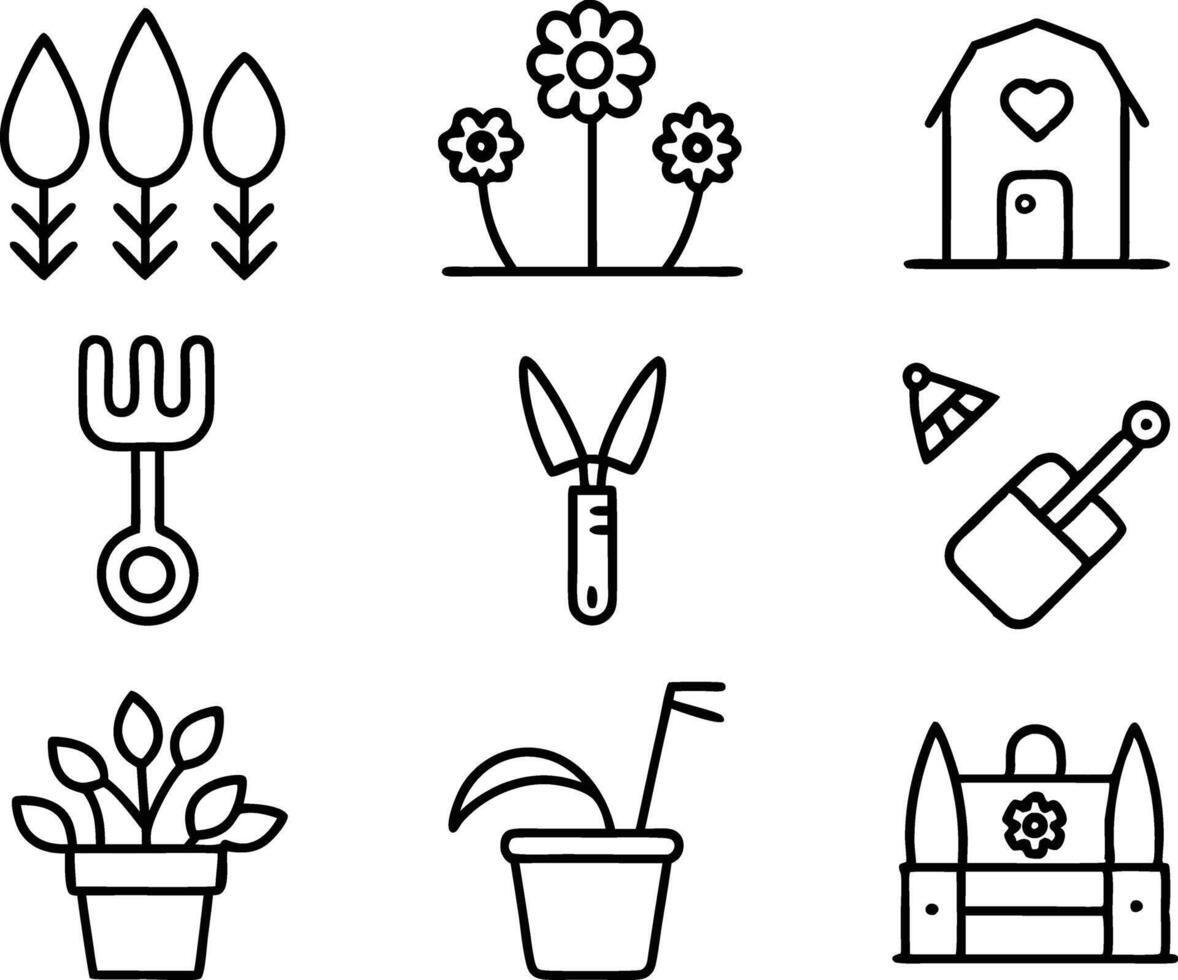 set of garden icon illustration. garden, gardening, nature, growth, organic, spring, summer, agriculture, green vector