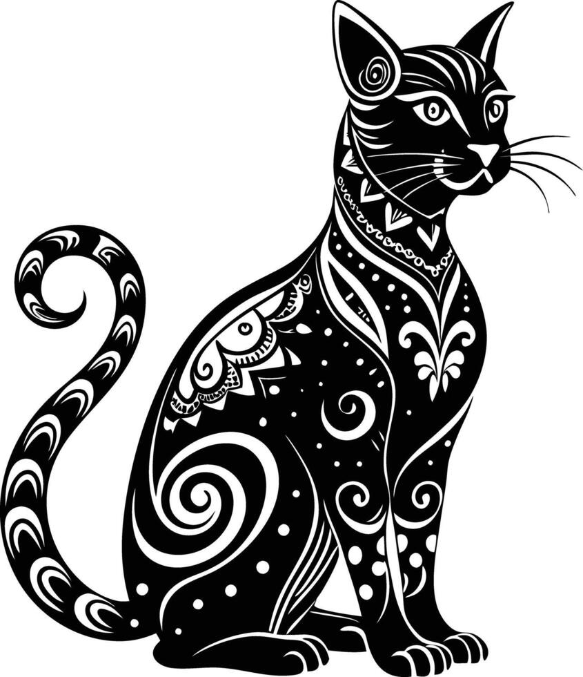 decorative cat illustration black and white. pets, shorthair, tail, red, purebred, british, posing, paw, vector