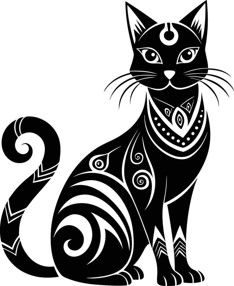 decorative cat illustration black and white. pets, shorthair, tail, red, purebred, british, posing, paw, vector