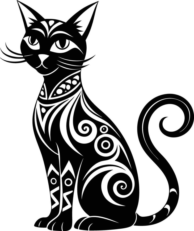 decorative cat illustration black and white. pets, shorthair, tail, red, purebred, british, posing, paw, vector