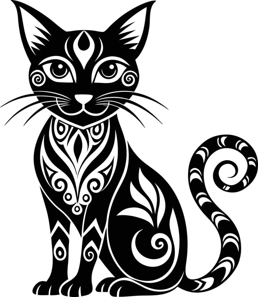 decorative cat illustration black and white. pets, shorthair, tail, red, purebred, british, posing, paw, vector
