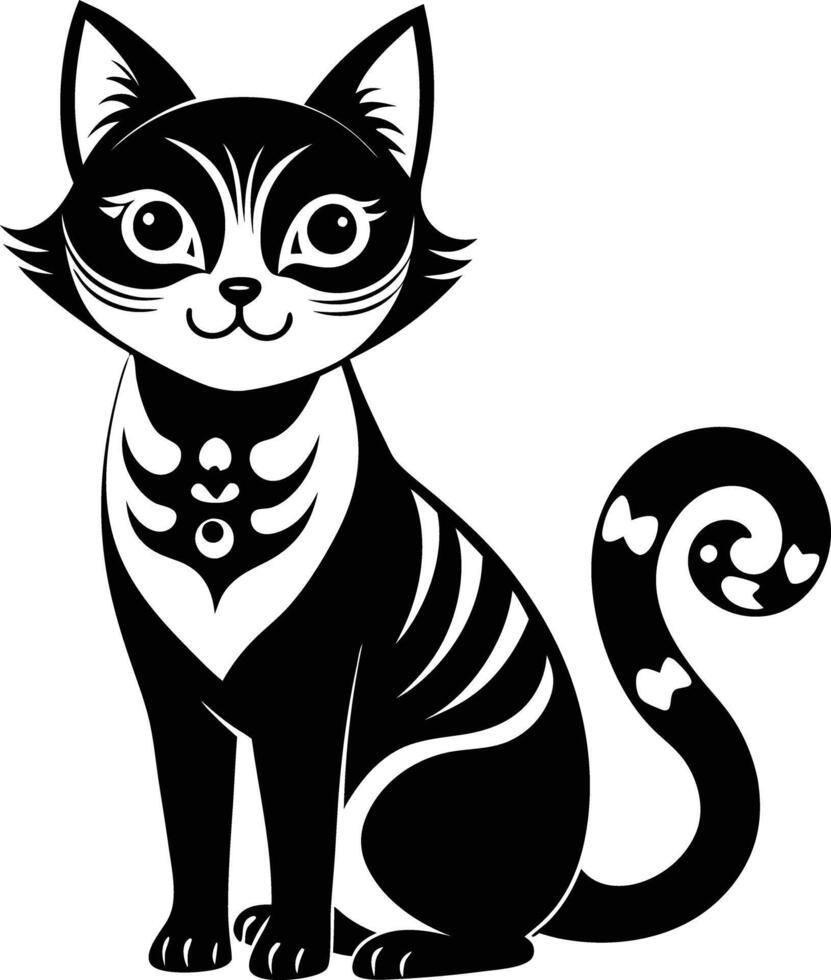 decorative cat illustration black and white. pets, shorthair, tail, red, purebred, british, posing, paw, vector