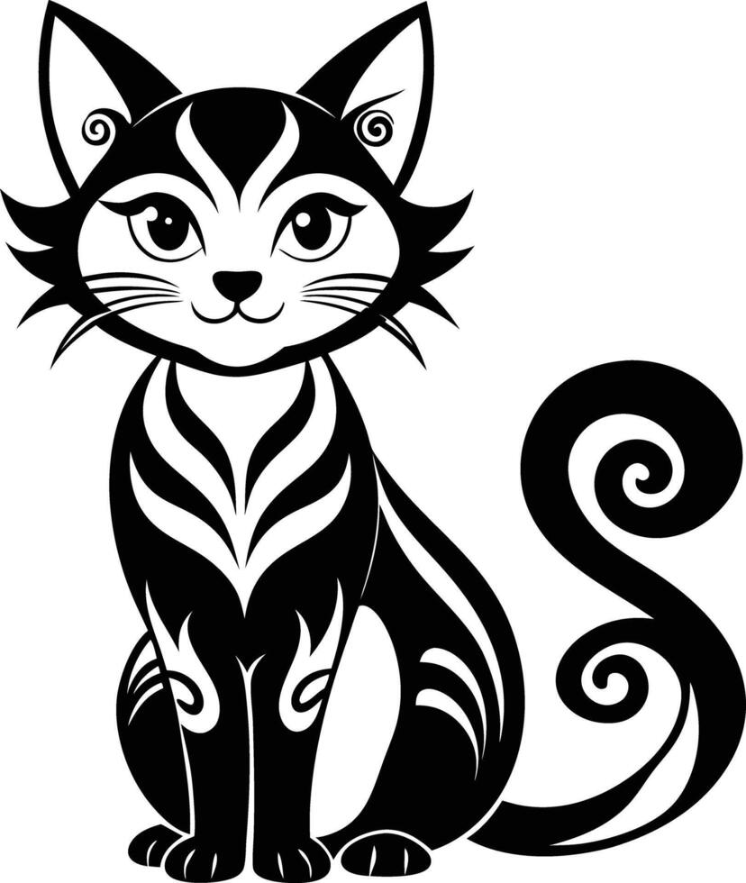 decorative cat illustration black and white. pets, shorthair, tail, red, purebred, british, posing, paw, vector