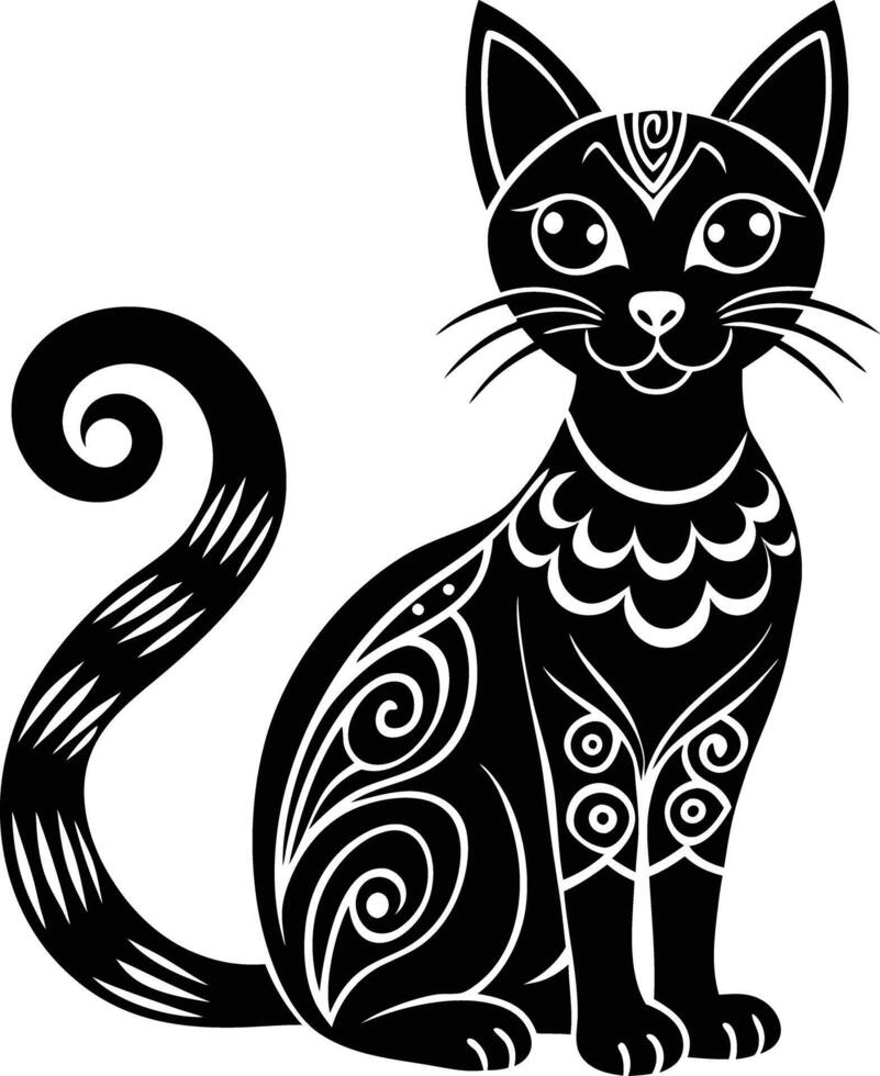decorative cat illustration black and white. pets, shorthair, tail, red, purebred, british, posing, paw, vector