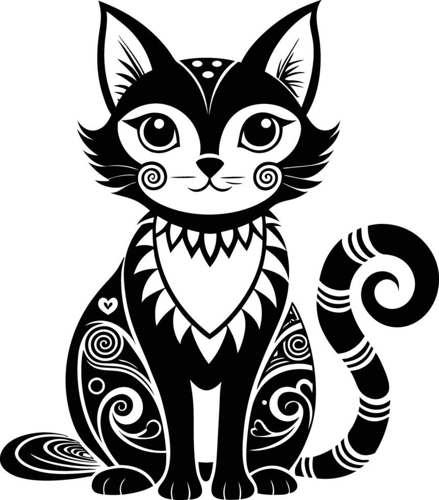decorative cat illustration black and white. pets, shorthair, tail, red, purebred, british, posing, paw, vector
