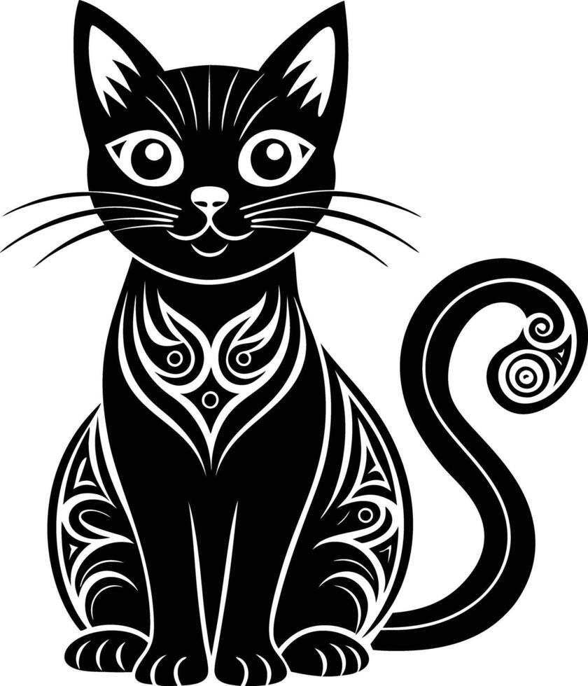 decorative cat illustration black and white. pets, shorthair, tail, red, purebred, british, posing, paw, vector