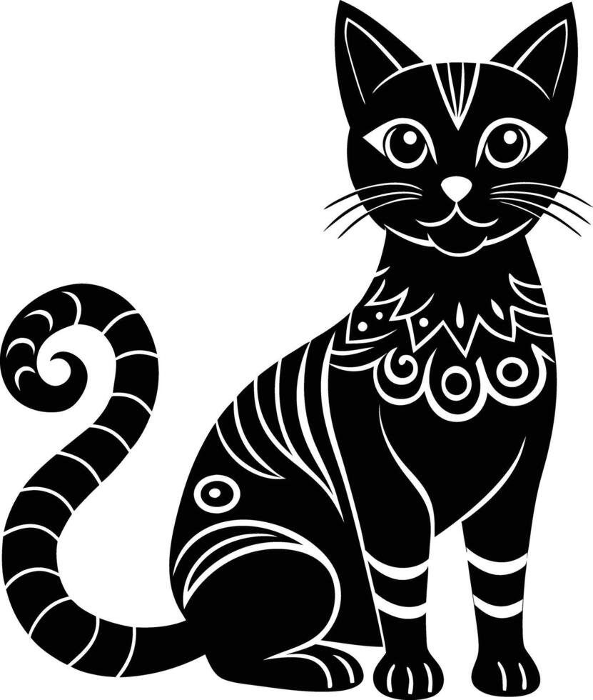 decorative cat illustration black and white. pets, shorthair, tail, red, purebred, british, posing, paw, vector