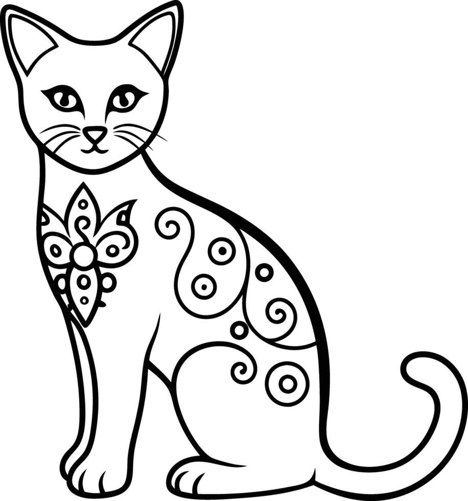 decorative cat line art illustration black and white. pets, shorthair, tail, red, purebred, british, posing, paw, vector