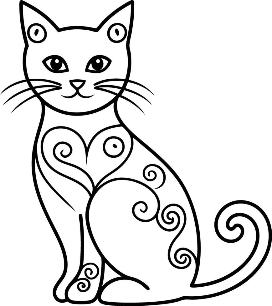 decorative cat line art illustration black and white. pets, shorthair, tail, red, purebred, british, posing, paw, vector