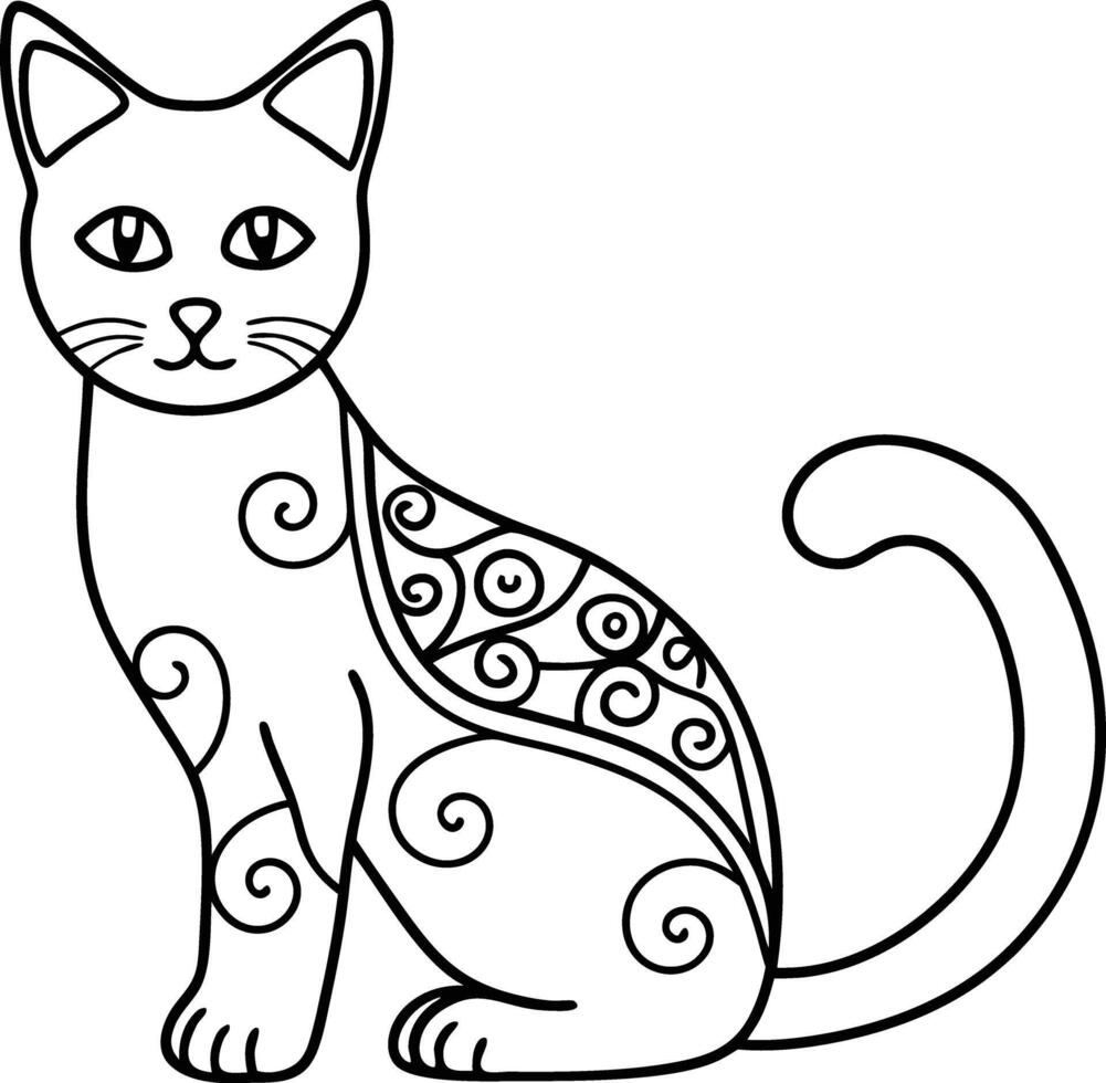 decorative cat line art illustration black and white. pets, shorthair, tail, red, purebred, british, posing, paw, vector