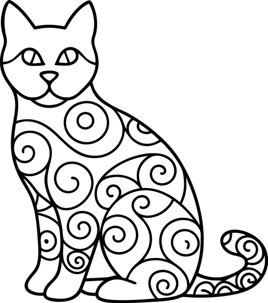 decorative cat line art illustration black and white. pets, shorthair, tail, red, purebred, british, posing, paw, vector