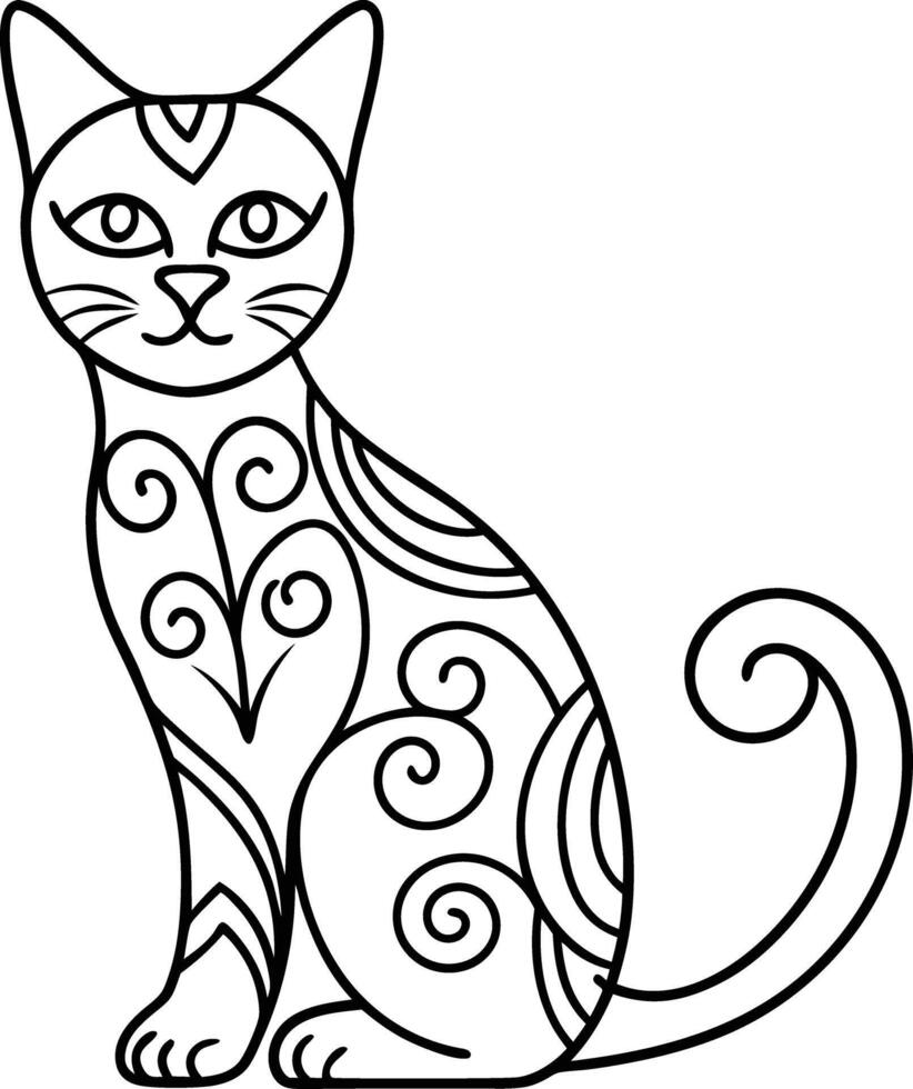 decorative cat line art illustration black and white. pets, shorthair, tail, red, purebred, british, posing, paw, vector