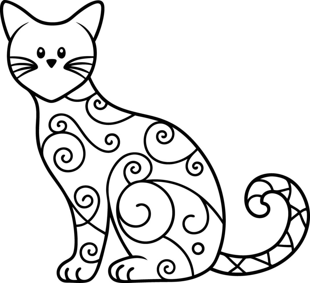decorative cat line art illustration black and white. pets, shorthair, tail, red, purebred, british, posing, paw, vector