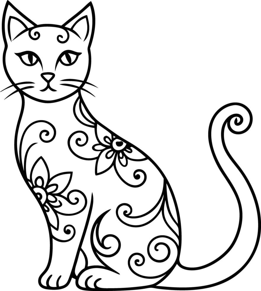 decorative cat line art illustration black and white. pets, shorthair, tail, red, purebred, british, posing, paw, vector