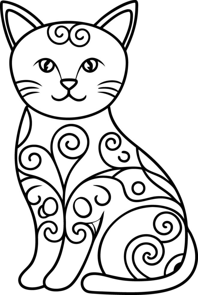 decorative cat line art illustration black and white. pets, shorthair, tail, red, purebred, british, posing, paw, vector