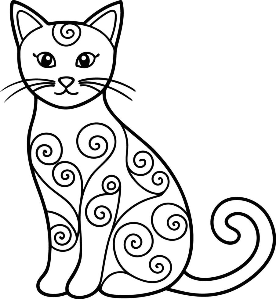 decorative cat line art illustration black and white. pets, shorthair, tail, red, purebred, british, posing, paw, vector