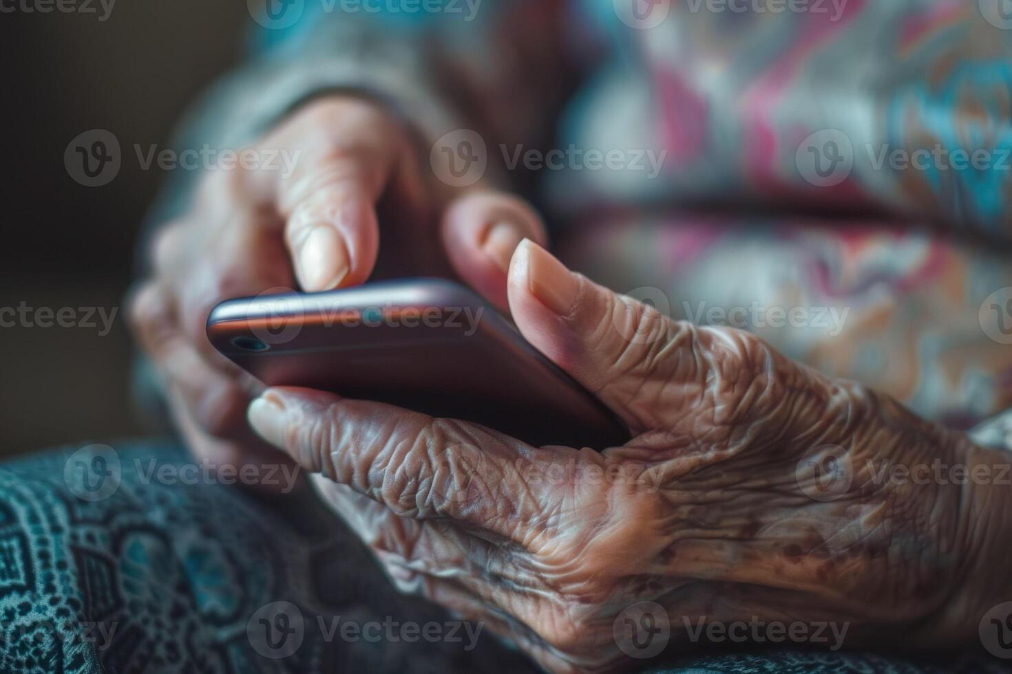 Close-up of elderly hands using a smartphone demonstrating technology adoption photo