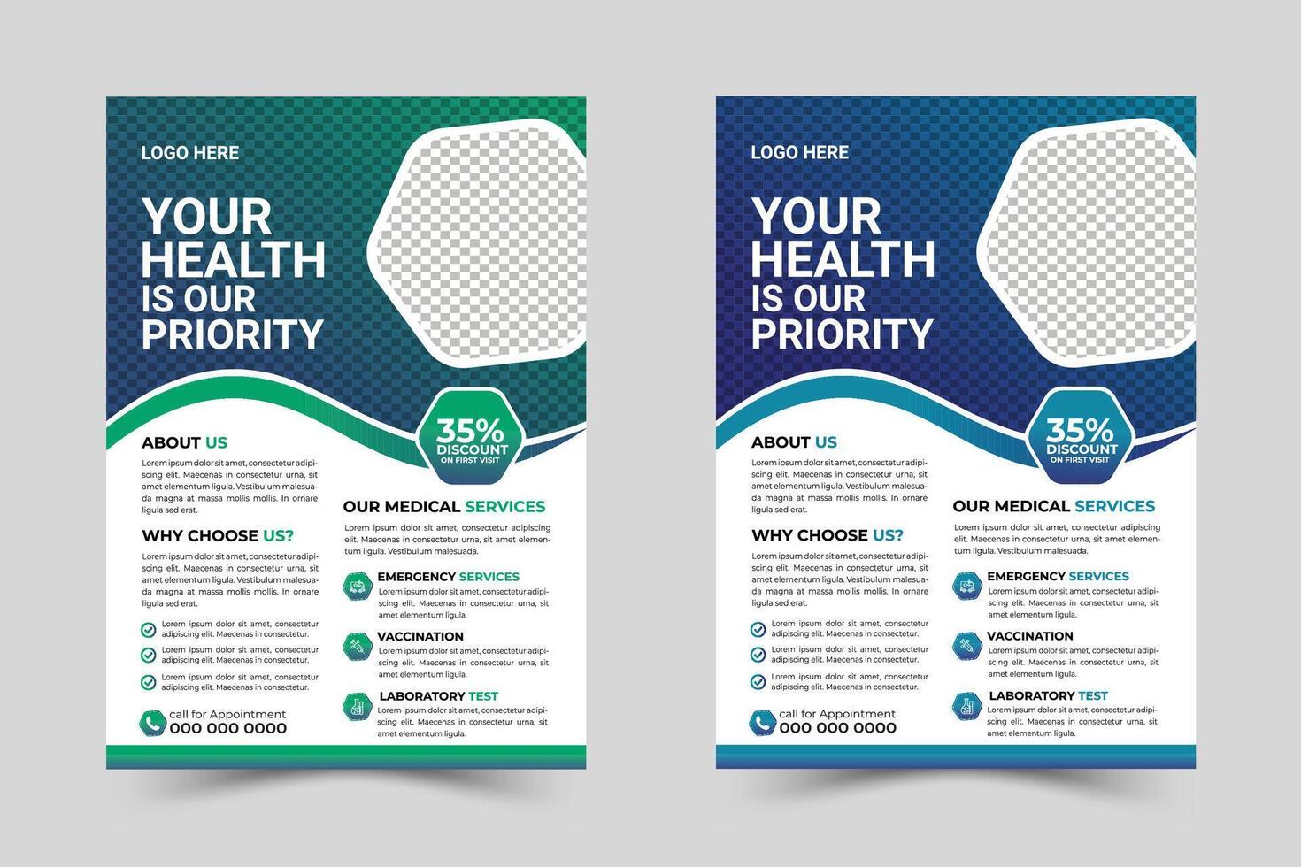 Corporate medical health care flyer template design and Dental care, clinical flyer template design. Healthcare hospital medical flyer design template vector