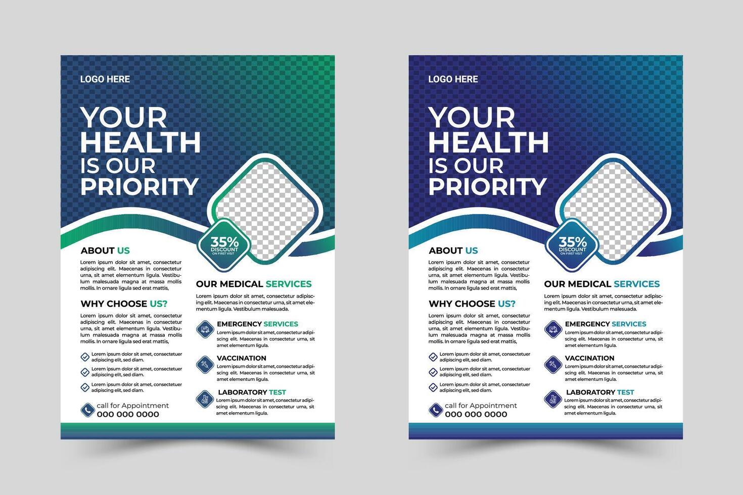 Corporate medical health care flyer template design and Dental care, clinical flyer template design. Healthcare hospital medical flyer design template vector