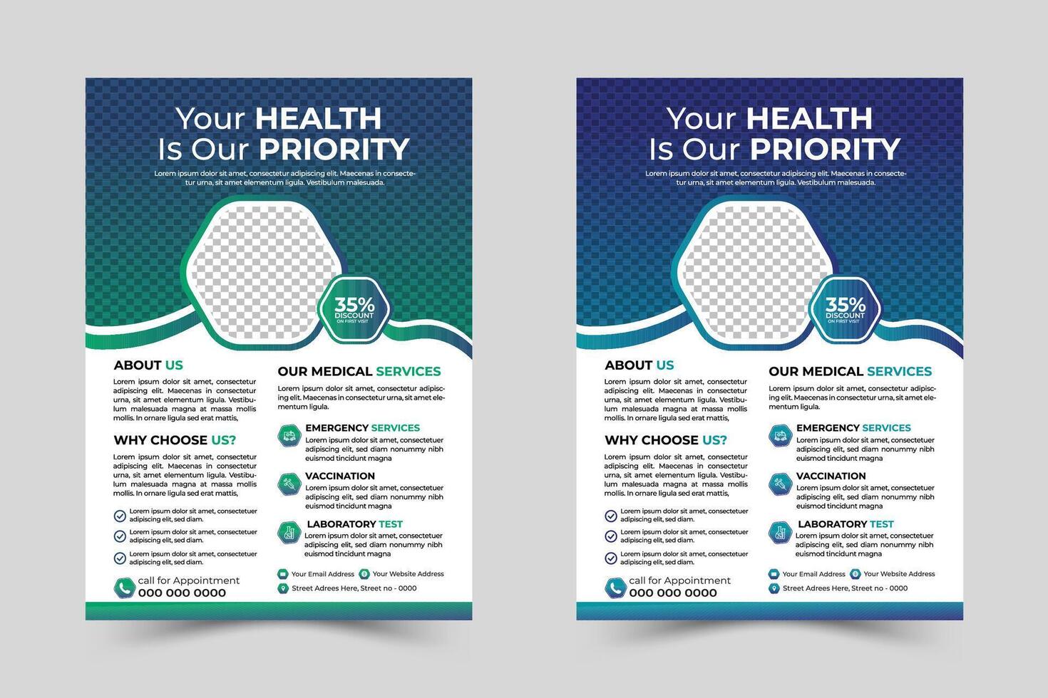 Corporate medical health care flyer template design and Dental care, clinical flyer template design. Healthcare hospital medical flyer design template vector