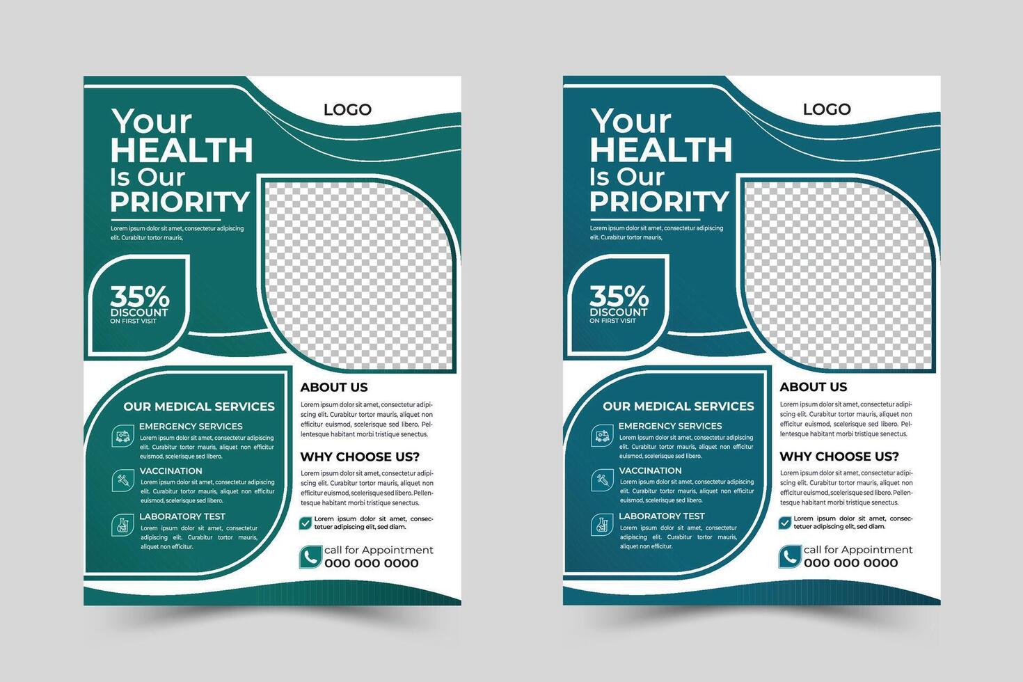 Corporate medical health care flyer template design and Dental care, clinical flyer template design. Healthcare hospital medical flyer design template vector
